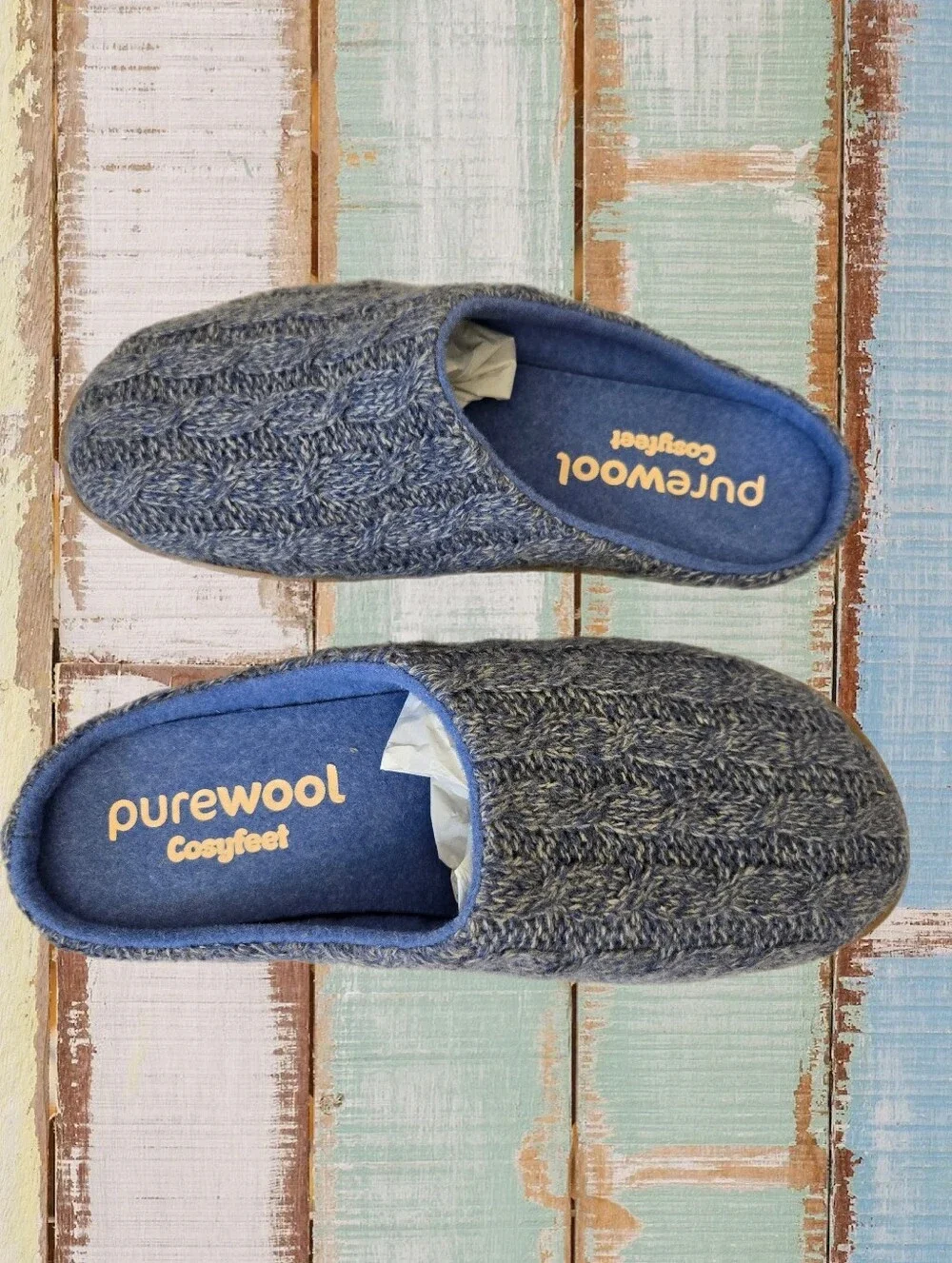 Cosyfeet Purewool Men's Sz 9 Slip On Benny Mules Blue Cable Knit Warm & Comfy
